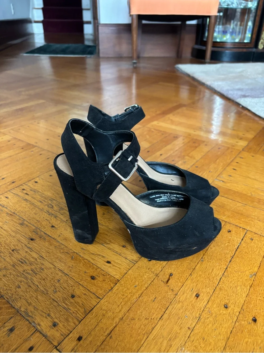 Black Suede Platform Block Heel Sandals with Ankle Strap